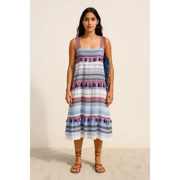 ZARA Boho Smocked Embroidered Midi Dress M Tassel Trim Multicolor Stripe Resort - Picture 1 of 16
